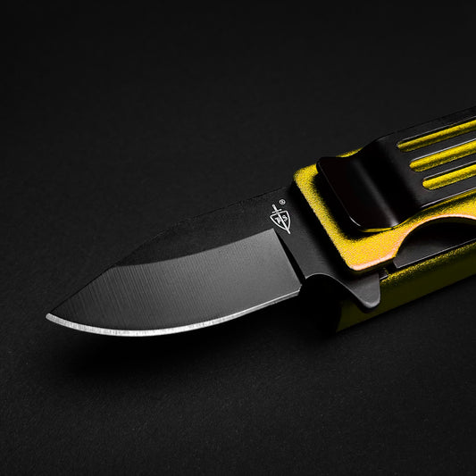 Gold Lighter Case Spring Assisted Knife Lighter Case with a sleek black blade and ergonomic design