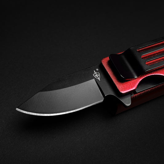 Red Spring Assisted Knife Lighter Case with a sleek black blade design by Pacific Solution