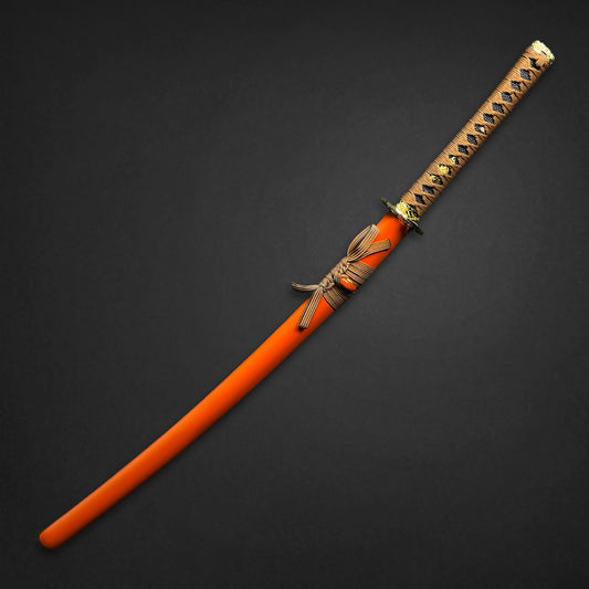 Musha Wholesale Damascus Katana for Sale with Vibrant Orange Blade and Intricate Handle Design