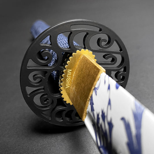 Close-up of Musha Samurai Sword Katana featuring intricate tsuba and decorative handle in wholesale design