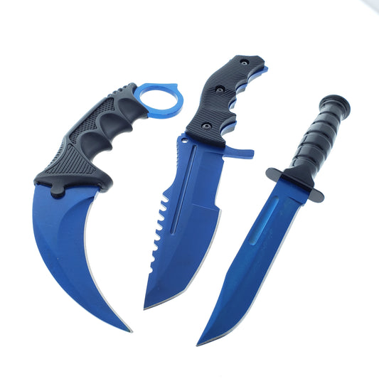 3 Piece Set Blue Blade / Black Handle / Tactical Knife