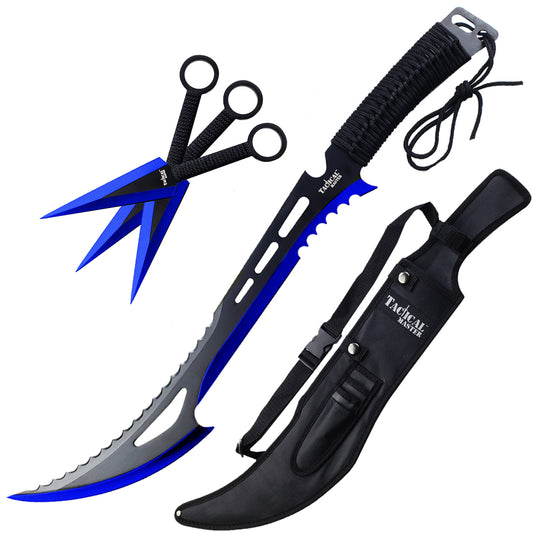 Tactical Master 26" Blue Machete with 3 pcs 6" throwing knife