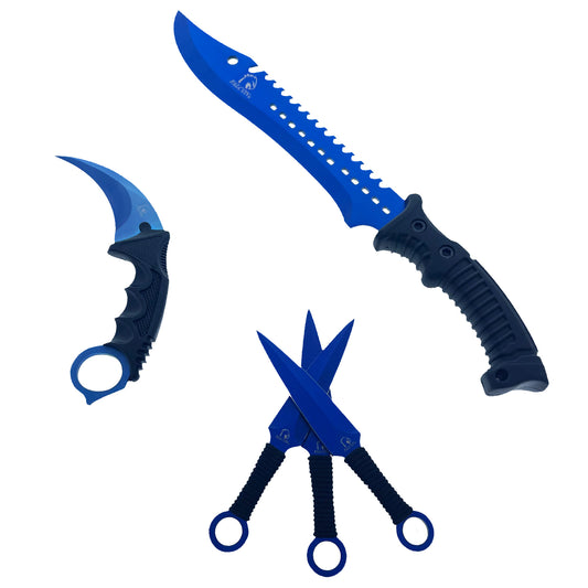 Falcon 5 Pieces Blue Hunting Set (Machete, Karambit, Throwing Knives.)
