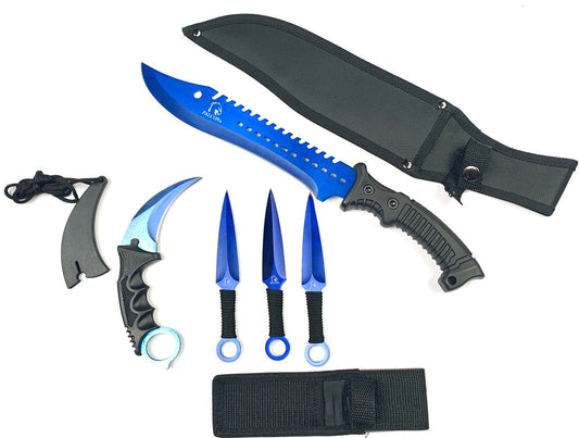 Falcon 5 Pieces Blue Hunting Set (Machete, Karambit, Throwing Knives.)