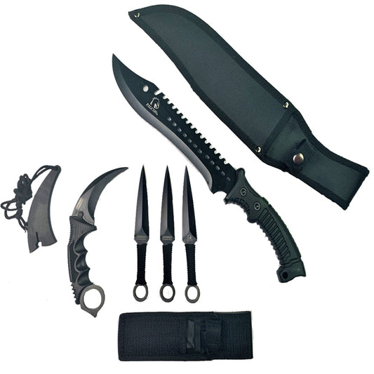 Falcon 5 Pieces Black Set Hunting Set (Machete, Karambit, Throwing Knives.)