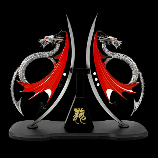Twin Dragon Daggers with Engraved Wood Stand