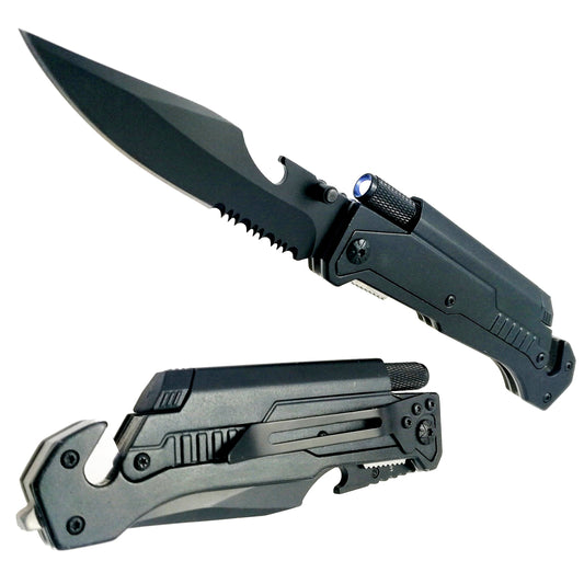 8 1/2" Folding Knife Knife with LED light, cutter, glass breaker -Black