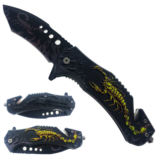 4" Black Blade / Yellow Scorpion Handle / Assisted Knife