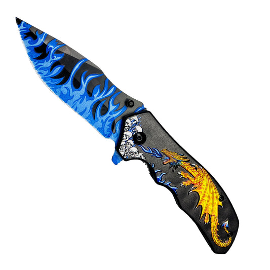 8.25" Overall in Length Spring Assisted Knife Yellow Dragon Blue Flames