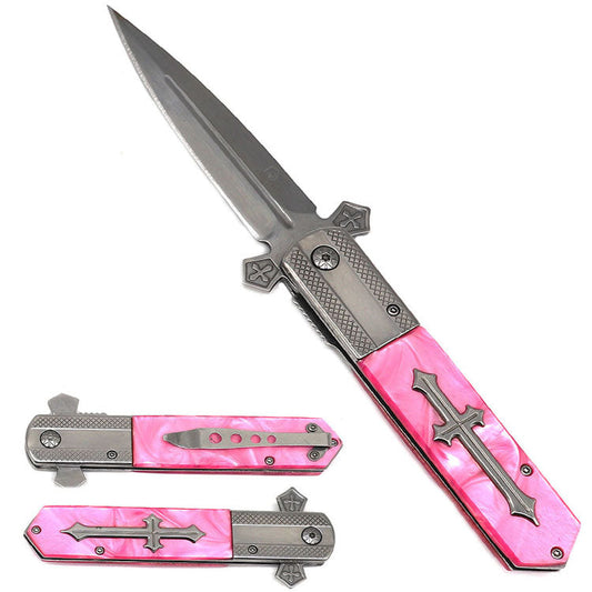 Falcon 8 7/8" Gray Blade Pink Handle Spring Assisted Knife