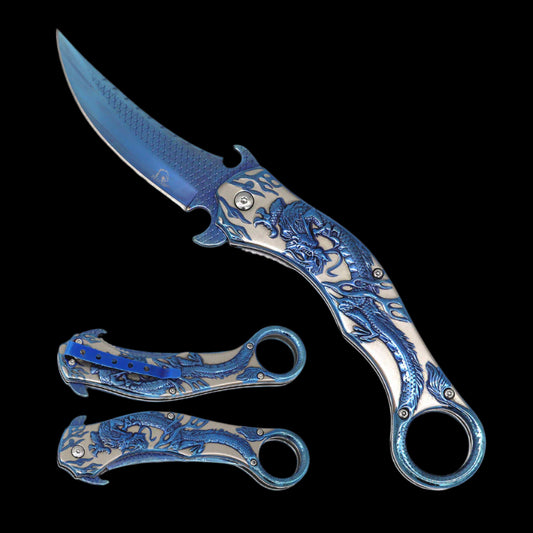 An 8.25 inch Blue Dragon Spring Assisted Knife with a stainless steel blade and a blue and silver dragon-patterned handle, showing the knife's open and closed positions.