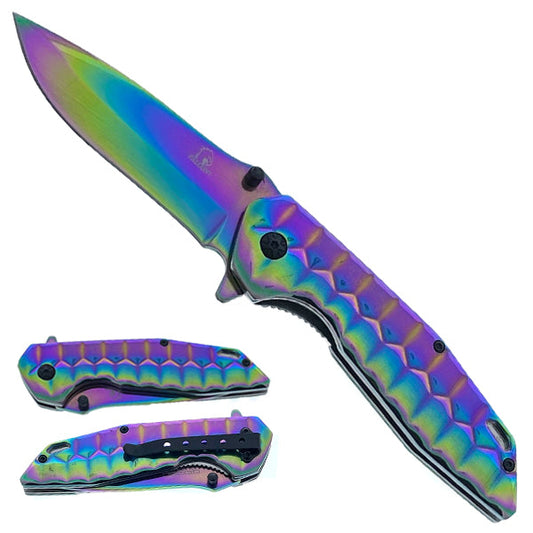 3 3/4" blade 8" overall length spring assisted knife-rainbow