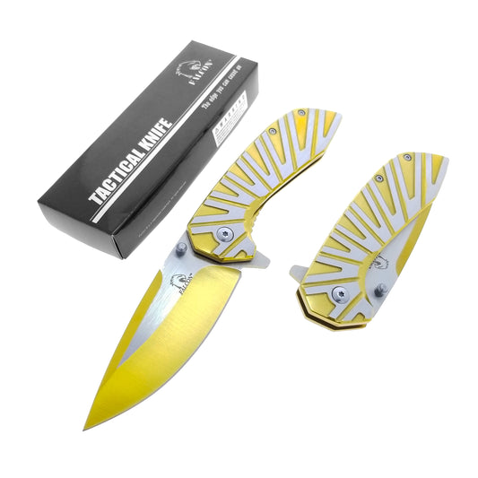 Falcon Pocket Knife Gold & Silver Steel Handle - 3" Gold & Silver Blade, 4.75"