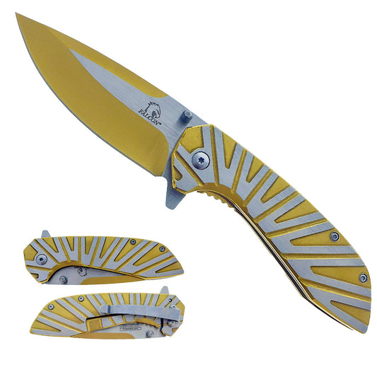 Falcon Pocket Knife Gold & Silver Steel Handle - 3" Gold & Silver Blade, 4.75"