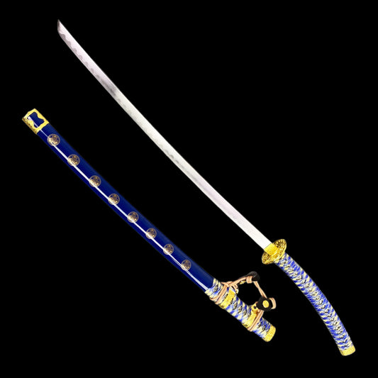 A 43 1/4 inch Jintachi ceremonial sword with a blue handle and a carbon steel blade, displaying an extra long handle and traditional aesthetics.