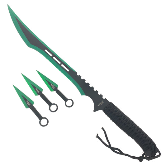 28" Green Machete w 3 Throwing Knives