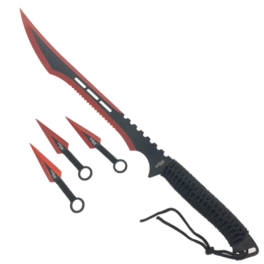 28" Red Machete w 3 Throwing Knives
