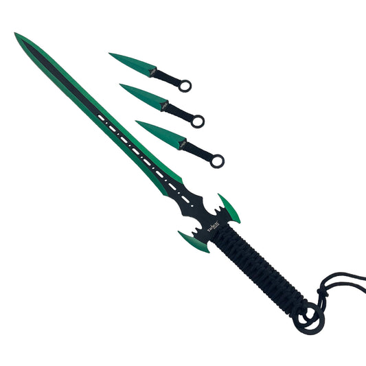 27" Machete w 2 Throwing Knives Green