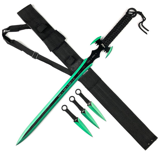 27" Machete w 2 Throwing Knives Green