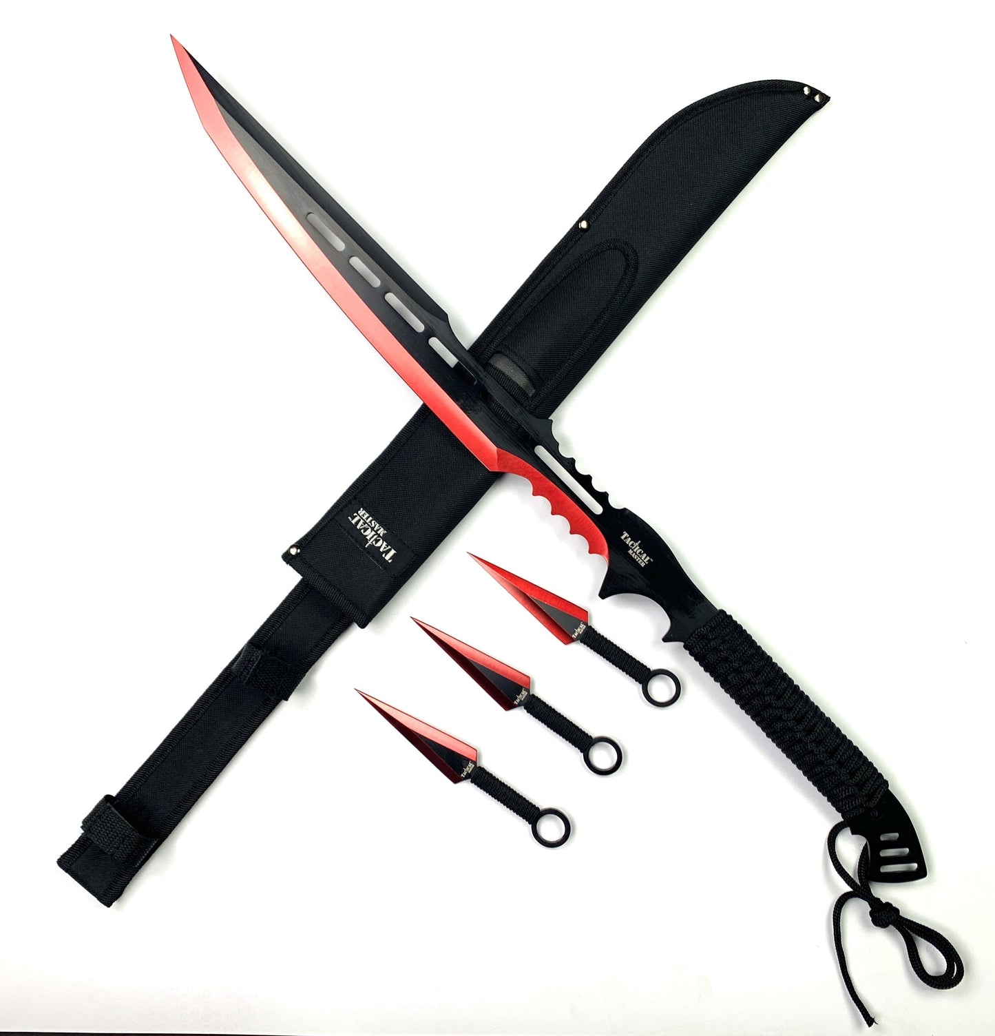 Tactical Master 28" Red Machete w/ 3 Pcs Throwing Knives