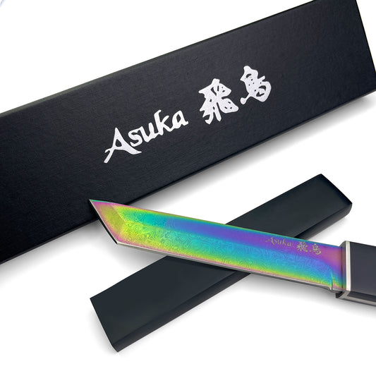 Wholesale Asuka Modern Tanto Knife: Rainbow Damascus Tanto Knife.