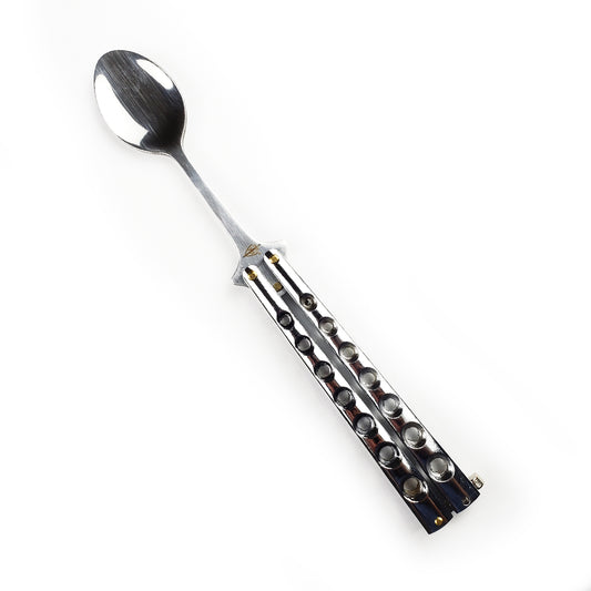 Pacific Solution Balisong Spoon Silver Butterfly Knife Trainer with a polished spoon blade design