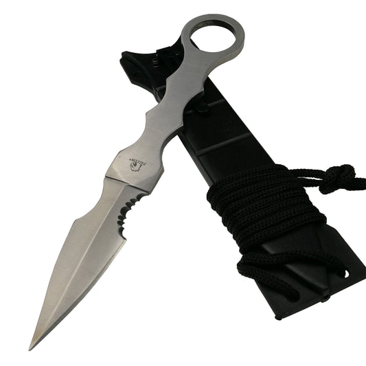 Falcon fixed blade survival knife with stainless steel blade and black sheath wrapped with cord