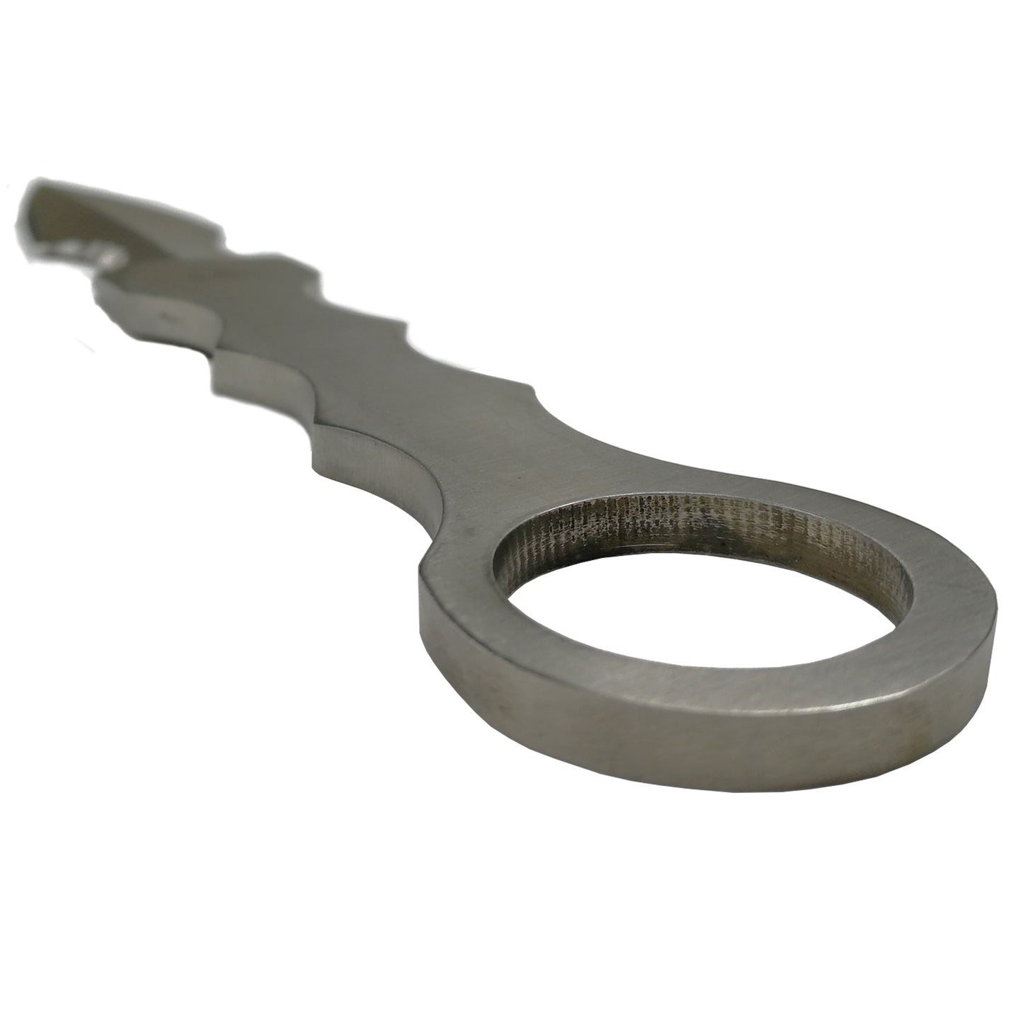 Falcon fixed blade survival knife with a curved, serrated edge and circular handle ring