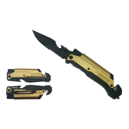Pacific Solution Golden Folding Knife with Flashlight, Fire Starter and Glass Breaker for Outdoor Use