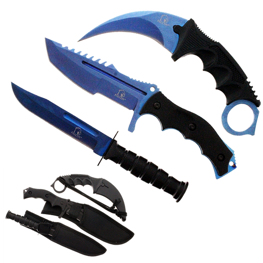 3 Piece Set Blue Blade / Black Handle / Tactical Knife