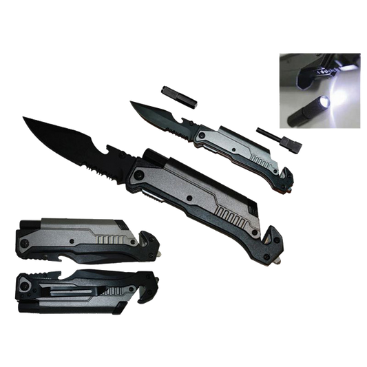 8 1/2" Folding Knife with LED light, cutter, glass breaker