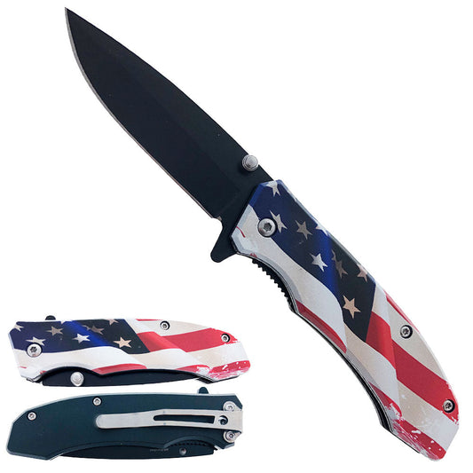 3" Black Blade 4" US Flag Printed Handle w/belt Clip