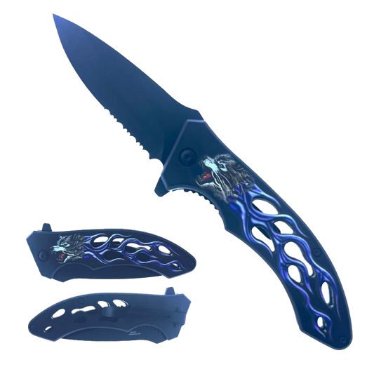 Falcon 7.25" Overall Semi-Automatic Folding Knife Flame Handle Red and Black