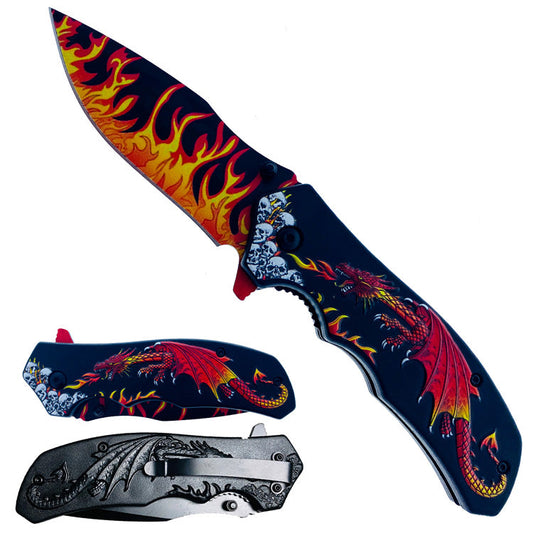 8.25" Overall in Length Spring Assisted Knife Red Dragon Red Flames