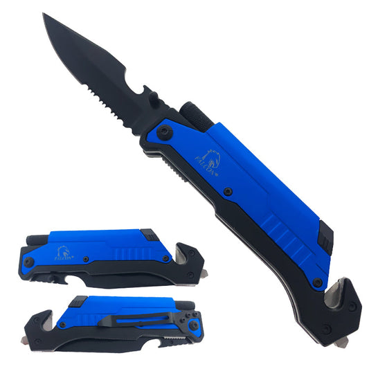 Falcon 8.25" Spring Assisted Knife Blue Handle w/ Fire Starter & Flashlight