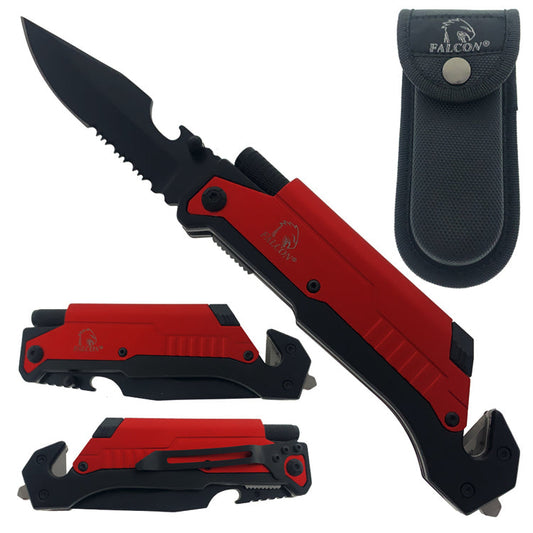 Falcon 8.25" Spring Assisted Knife Red Handle w/ Fire Starter & Flashlight