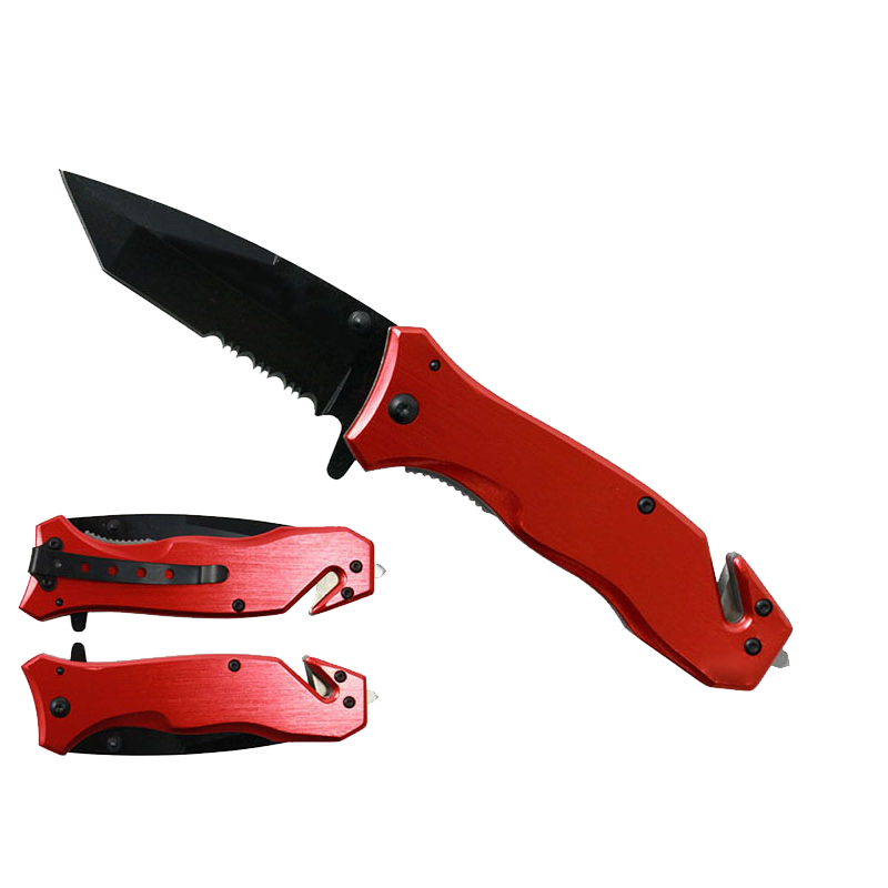 8" Red Pocket Knife with seat belt cutter and glass breaker