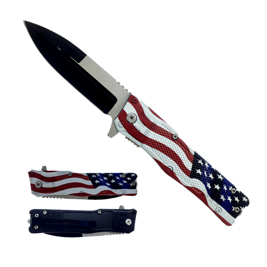 8" Overall Semi Automatic Folding Knife w/US Flag Handle