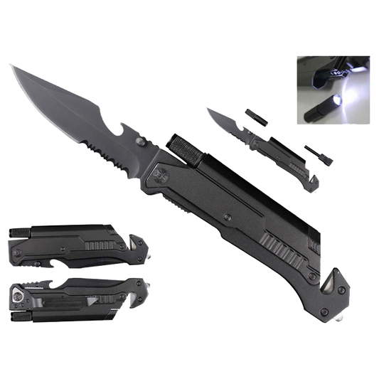 Pacific Solution multi-tool folding knife with Flashlight and fire starter features a sleek design and durable blade