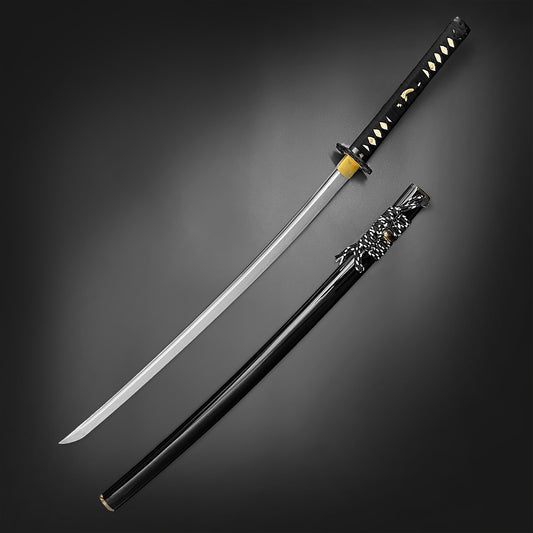 Musashi Katana for Sale featuring a sleek blade and intricately designed handle in a dark display