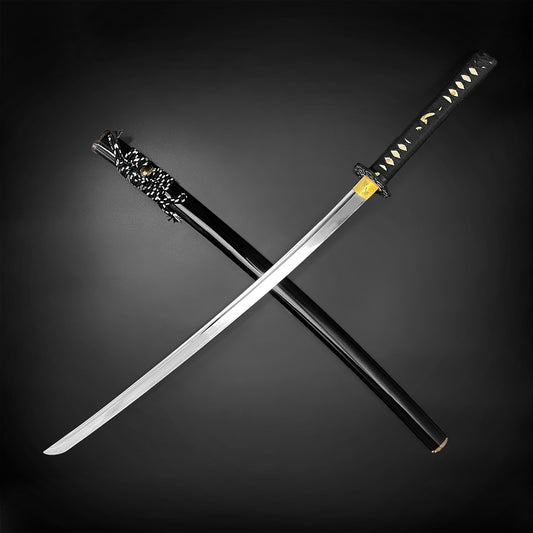 Musashi Katana for Sale featuring a sharp curved blade and traditional black handle with intricate details
