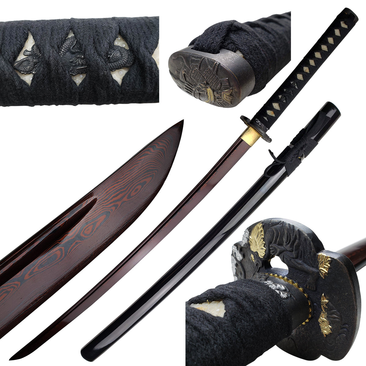 Musha Red Damascus Samurai Katana Sword with intricate designs and a curved blade for collectors and martial artists