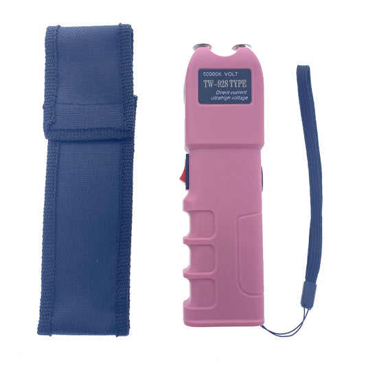 Pink Stun Gun with Flashlight in a compact design with a holster for safety and convenience