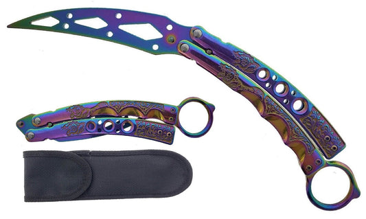 Rainbow Butterfly Trainer Balisong practice knife with artistic designs and protective sheath