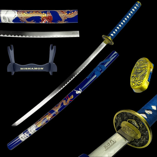 Bishamon 42 1/2" Samurai Sword Blue Dragon Scabbard w/ Stand