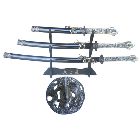 4 PCS Highlander Black Dragon Sword Set with wood stand