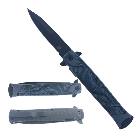 Wholesale Falcon stiletto spring assisted knives with dragon engraved handle and black blade