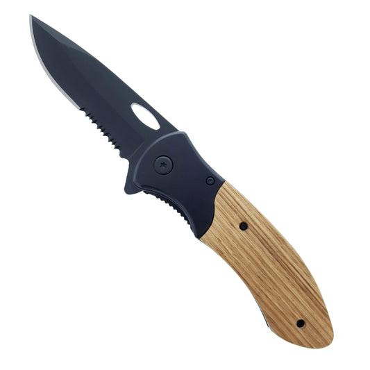 Pacific Solution spring assisted pocket knife with black blade and wood handle wholesale wood handle pocket knives