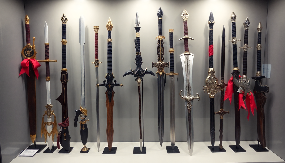A collection of detailed anime cosplay weapons on display