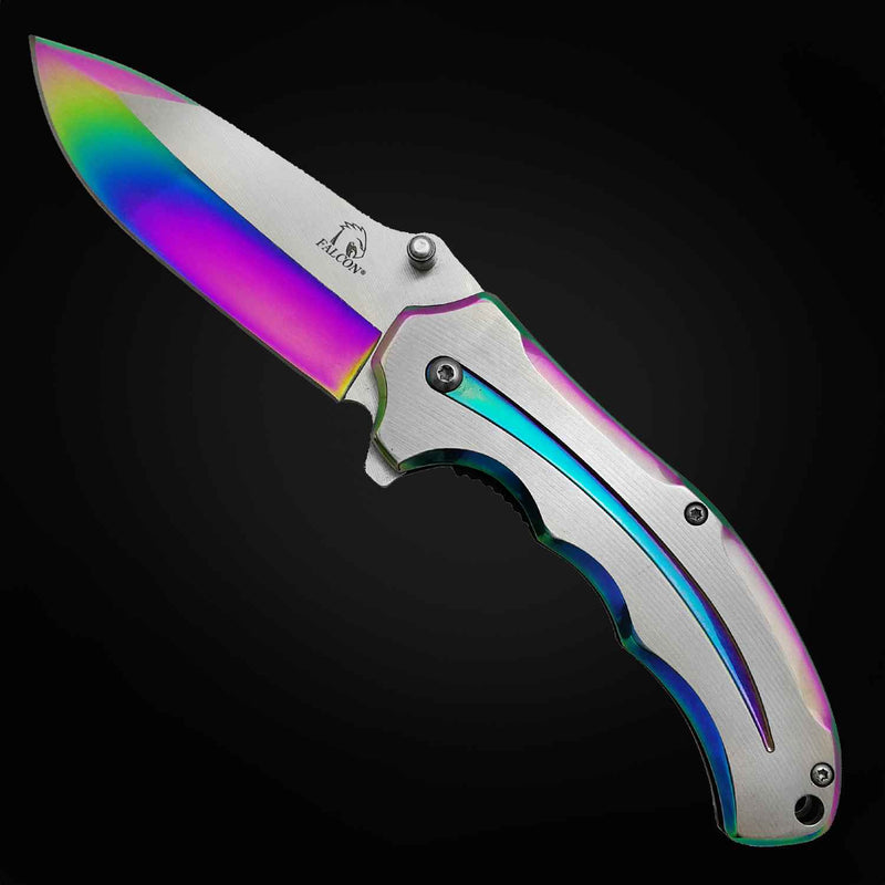 Vibrant wholesale knives with sleek design, featuring a rainbow finish and durable stainless steel blade